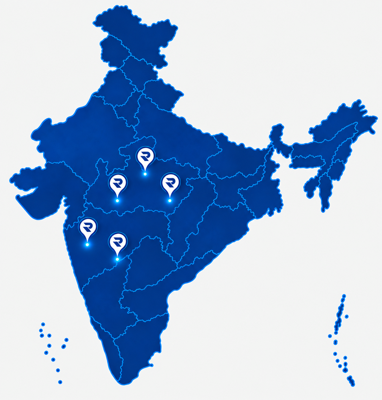 Map of India showing Rivoltech manufacturing locations across Maharashtra and Madhya Pradesh