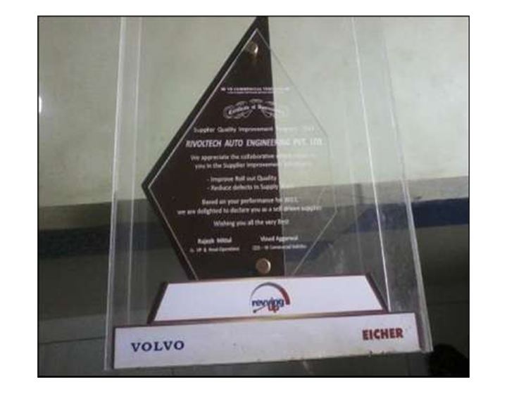 Volvo Eicher supplier quality improvement plaque awarded to Rivoltech
