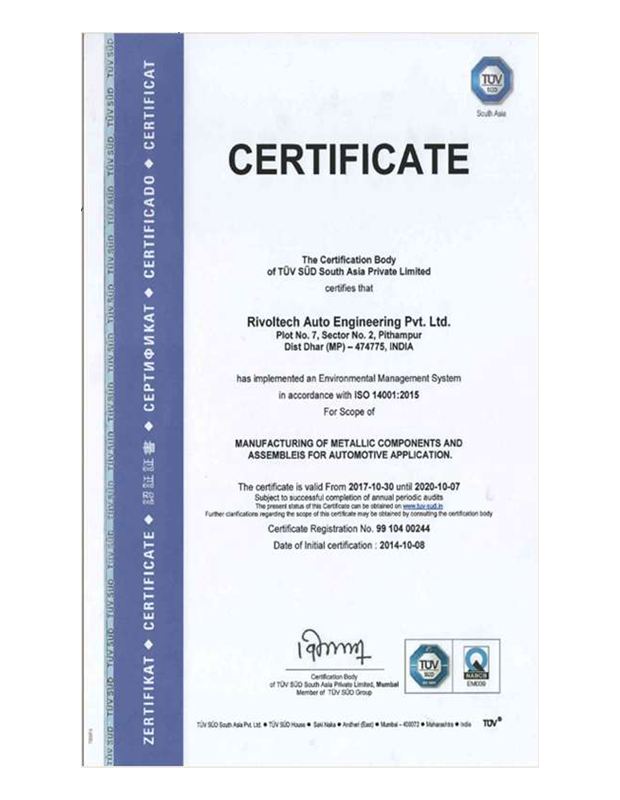 ISO 14001:2015 certificate for the Pithampur plant