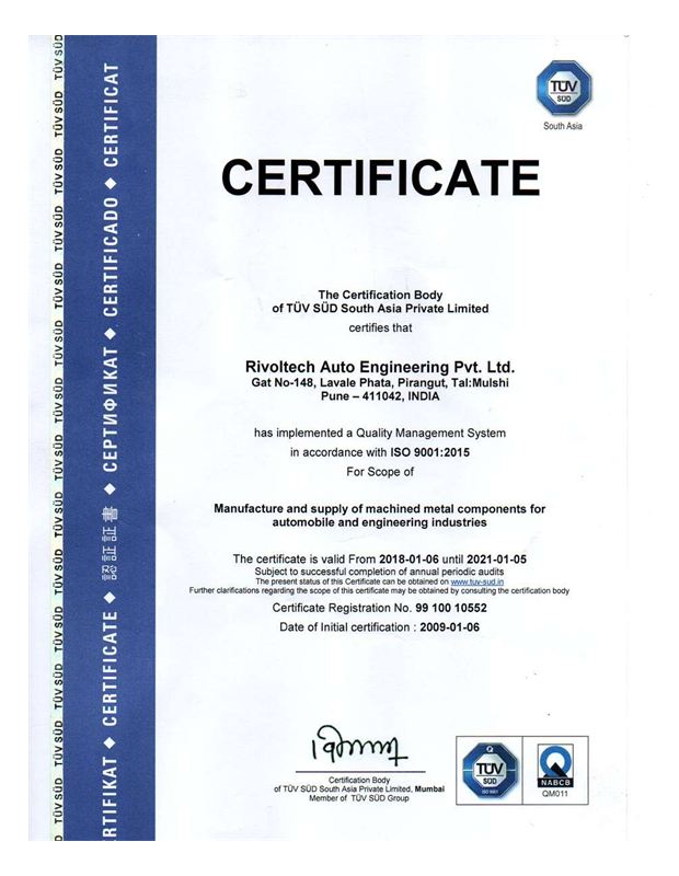 ISO 9001:2015 certificate for the Pirangut, Pune plant