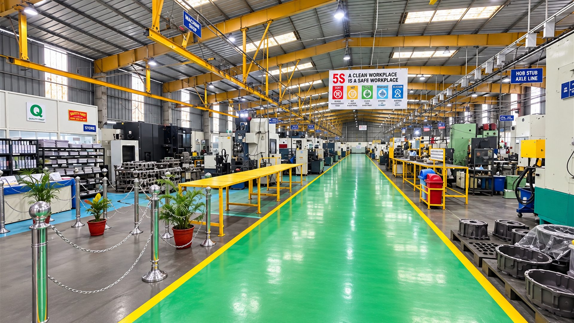 The main machine shop aisle at the Rivoltech Pithampur plant, lined with CNC machining centres